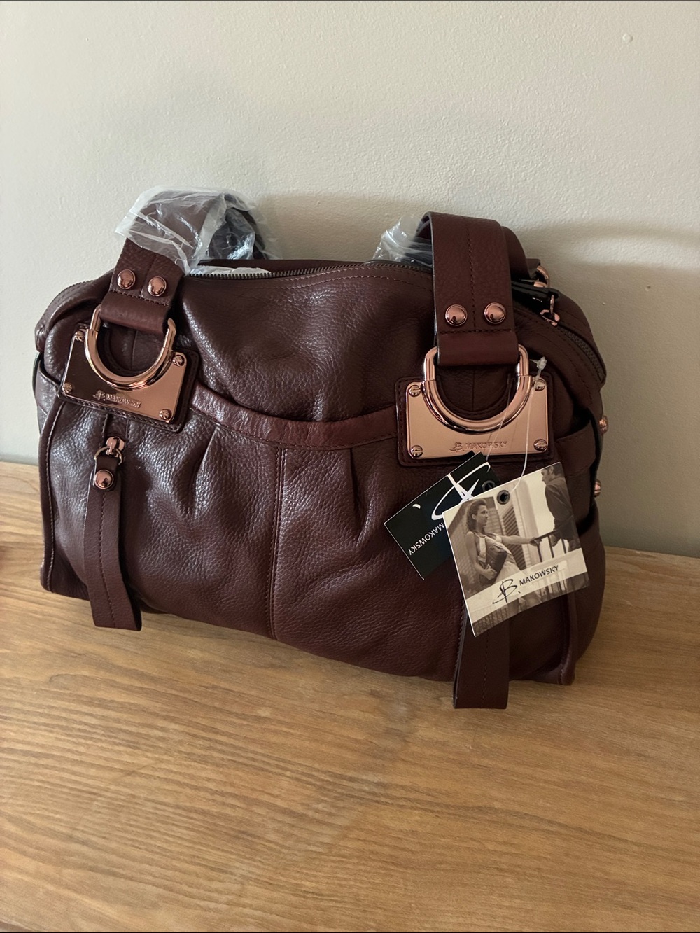 b. makowsky Dark Chestnut Brown Leather Hobo with Rose Gold Hardware